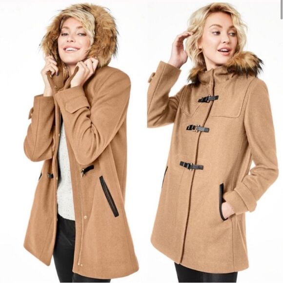 COLE HAAN | Wool Walker Coat Duffle Toggle Front Faux Fur Hood Size 10 - Picture 1 of 16